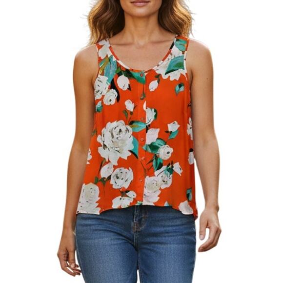 CAbi Tops - Cabi Casual Top Small Floral Orange White and Green Print Sleeveless Button Down
